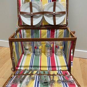 Large wicker picnic basket with plates, cups, silverware and insulated drawer